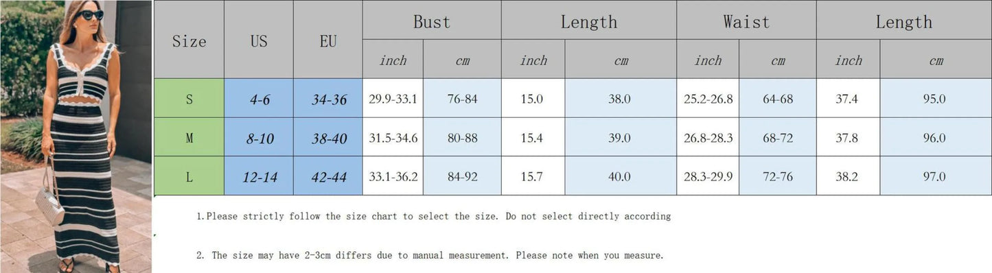 eybag Striped Knitted 2 Piece Set Women Summer Bohemian Single Breasted Tank Crop Tops + Long Skirts Fashion Holiday Beach Dress Suits