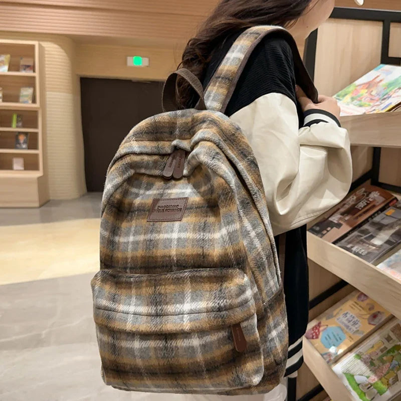 eybag Vintage Plaid Woollen Cloth Women's Backpack Student Book Backpacks for Teenage Girls School Bags Large CapacityTravel Rucksack