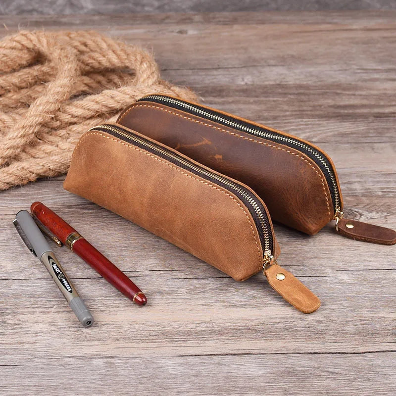 eybag Vintage Genuine Leather Pencil Case Retro Handmade Pencil Bag Portable Zipper Cosmetics Storage Pouch School Office Supplies