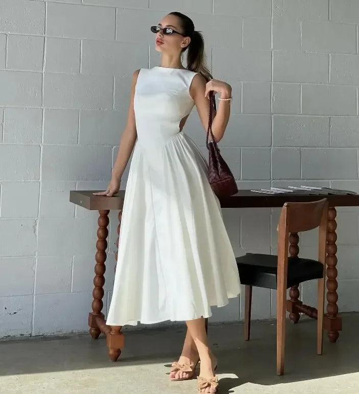 eybag Elegant Solid Sling Pleated Long Dress For Women Chic Backless Sleeveless Slim Fit Dresses Chic 2024 Summer Female Party Robes