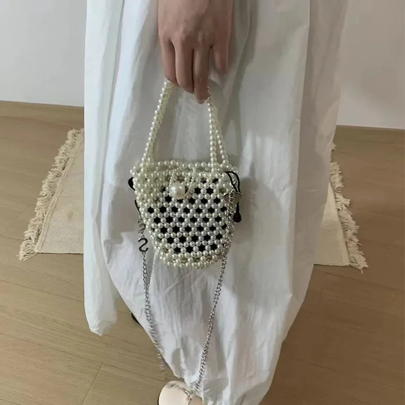 eybag 2024 Retro Pearl Bucket Women's Crossbody Bag Сумка Fashion INS Silver New in Handbag Handwoven DIY Beaded Bags Bolso De Hombro