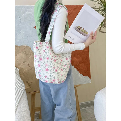 eybag 1 Pc Aesthetic Pink Floral Shoulder Bag for Women Retro Korean Fashion Tote Bag for Student Portable High Capacity Storage Bag