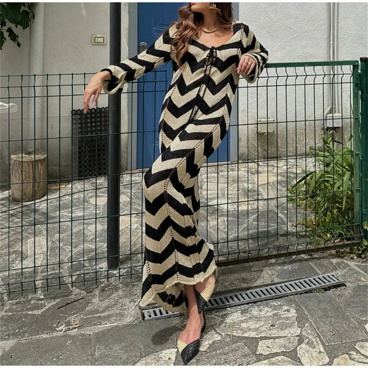 eybag Women Striped Lace-up Dress Matching Color Round Neck Long Sleeve Slim Dresses Elegant Casual Beach Vacation New Autumn Robes