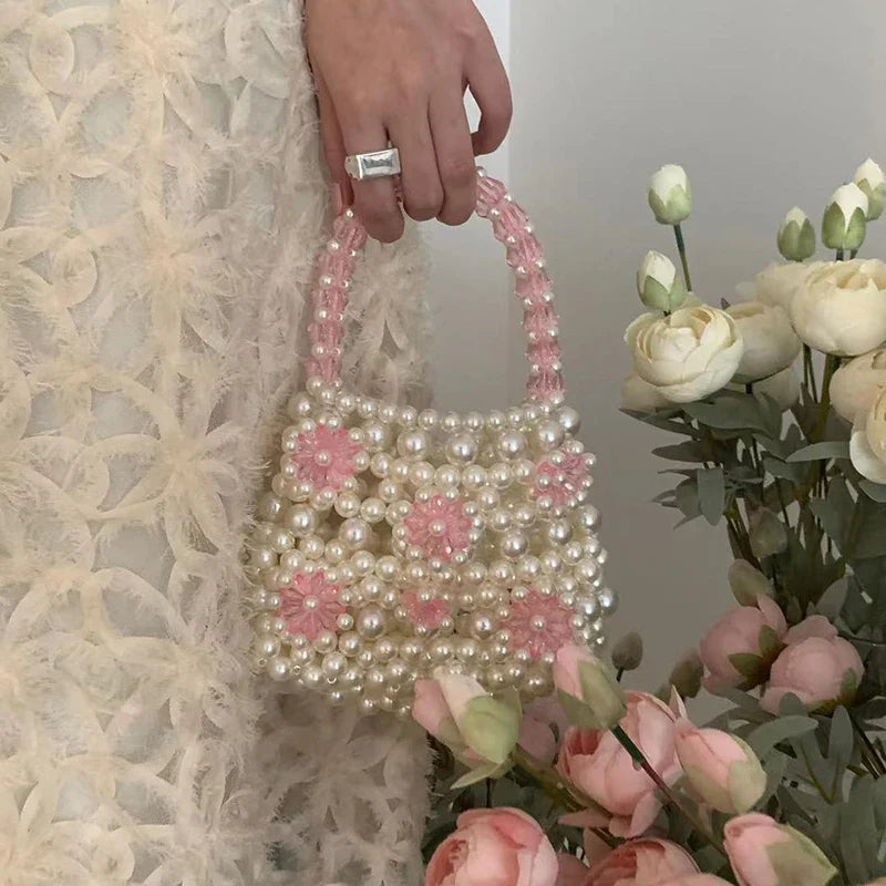 eybag Ins Flower Pearl Hand Bags for Women Portable Cut Lovely Small Handmade Woven Pink Purses Customized Designer Purse