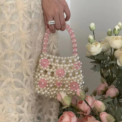 eybag Ins Flower Pearl Hand Bags for Women Portable Cut Lovely Small Handmade Woven Pink Purses Customized Designer Purse