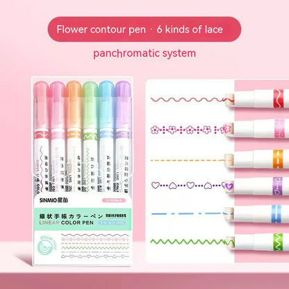 eybag 6Pcs Flower Line Shaped Highlighter Pens, Roller Tip, Curve Liner Marker, Writing, Journaling, Drawing Stationery, Kawaii