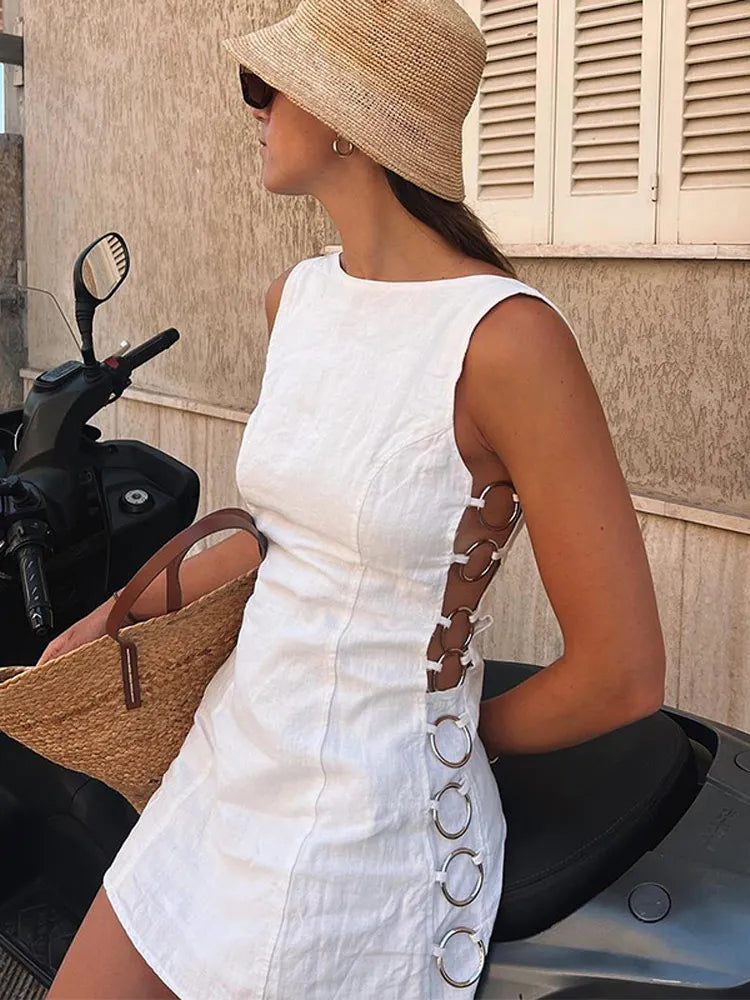 eybag Sexy Metal Loop Splicing Hollow Out Dress Women Fashion O Neck Sleeveless Bodycon Short Dresses Summer New Lady High Street Robe