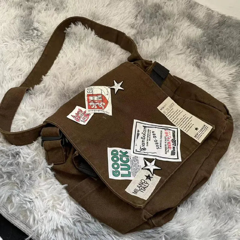 eybag - Vintage Y2k Messenger Bag for Women Canvas Star Patch Students School Crossbody Bags American Fashion Retro Female Handbags