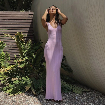 eybag Pink Knitted Summer Dress Women Sexy Backless Slim Maxi Holiday Beach Dresses Elegant Hollow Out Solid Causal Long Dress 2024