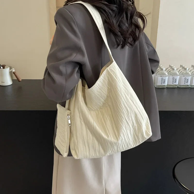 eybag Low-Key Pure White Women Ruched Shoulder Bag Exquisited Nylon Pretty Versatile Crossbody Leisure Commuter Composite Bag