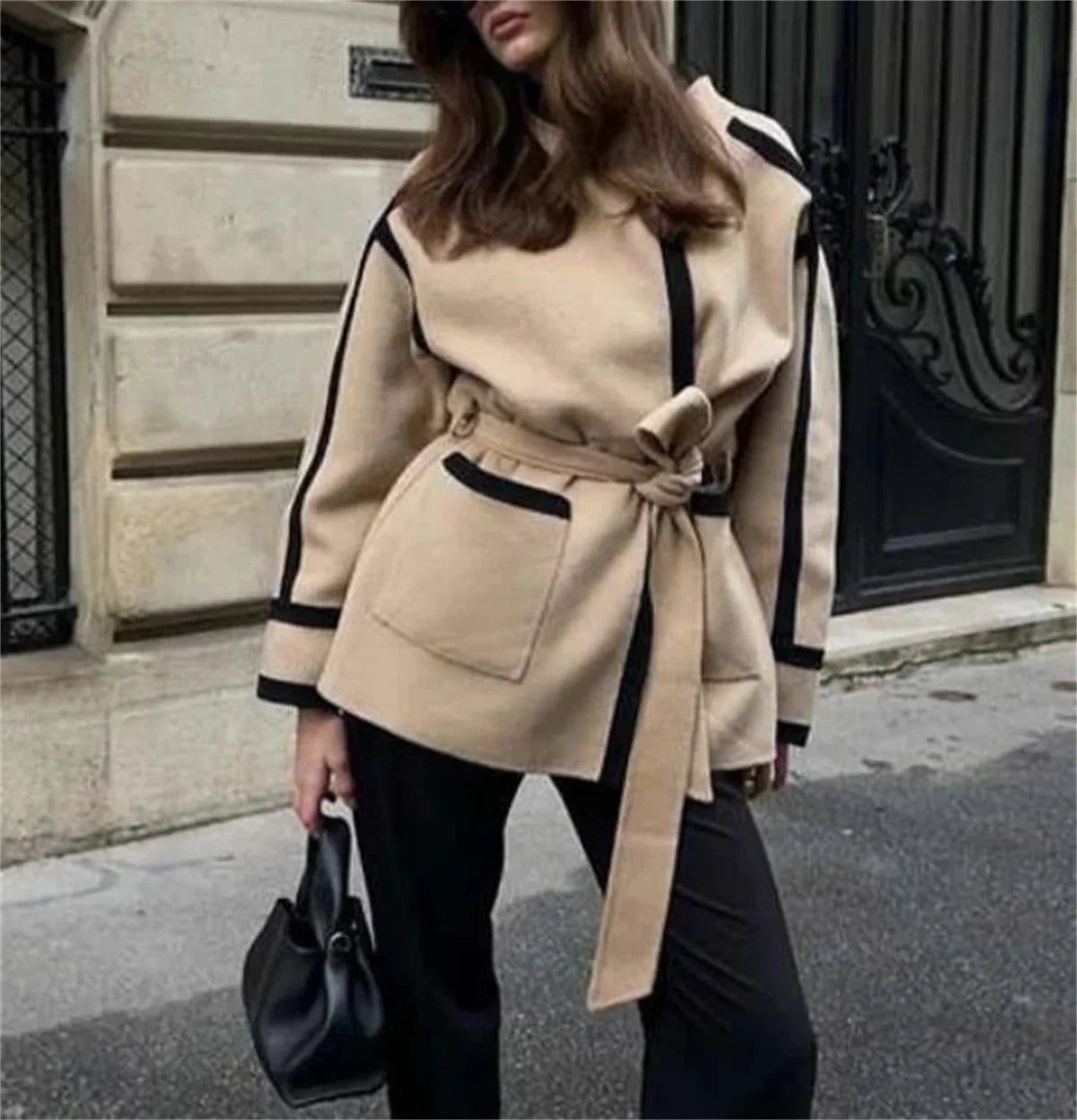 eybag Women Fashion Spliced Contrast Coats Long Sleeve Belt Pocket Decorate 2024 Autumn Winter New In Jacket  Lady Mid-length Outwear