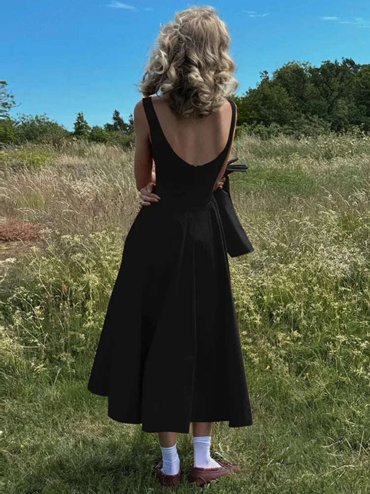 eybag Backless A-line Maxi Dress For Women Fashion Solid O Neck Sleeveless Long Dress Ladies Gown High Waist Tank Dresses