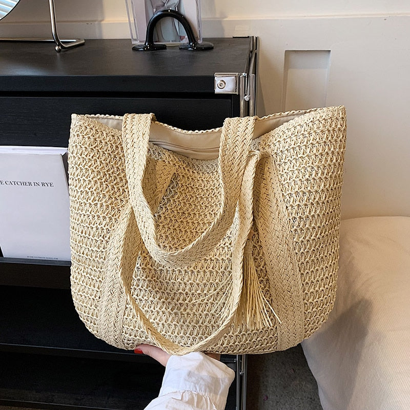 eybag 2023 Straw Braided Bag Hand-woven Simple Handbag Holiday Beach Shoulder Bag Casual Trend Women Large Capacity Tote Shopping Bags