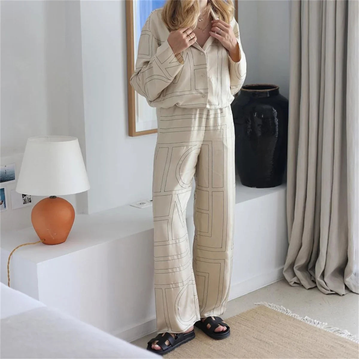 eybag Fashion Letter Printing Pants Suit Loose Turn Down Collar Shirts Wide Leg Pant Sets 2024 Casual Autumn Summer 2 Piece Set New In