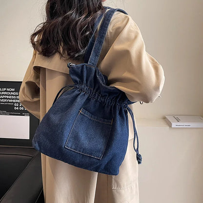 eybag Fashion Denim Women Bucket Shoulder Bag High Capacity Female Crossbody Bags Ruffled Denim Under Arm Bag for Women