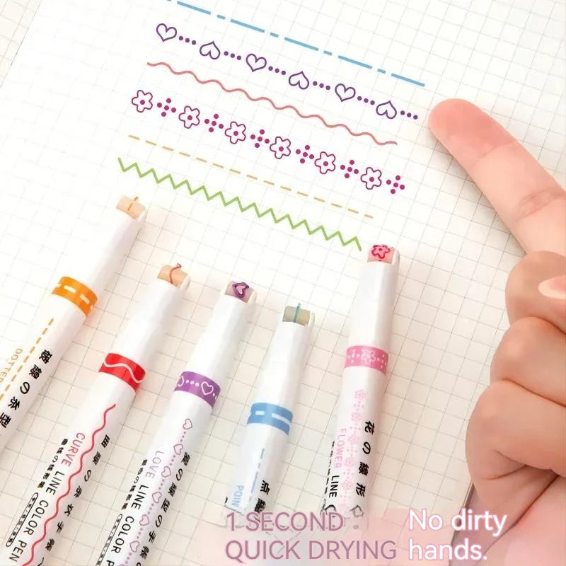 eybag 6Pcs Flower Line Shaped Highlighter Pens, Roller Tip, Curve Liner Marker, Writing, Journaling, Drawing Stationery, Kawaii