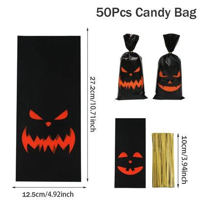 eybag 50Pcs Halloween Candy Bag Pumpkin Skull Bat Plastic Bags Happy Halloween Party Supplies Cookie Packaging Halloween Party Decors