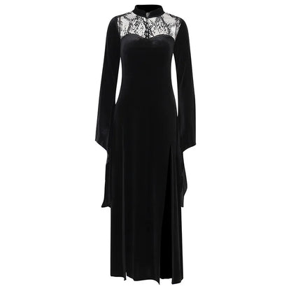 eybag Halloween Party Long Dress Black High Waist Flared Sleeve Lace Cutout Gothic Maxi Dress Street Aesthetic Clubwear Maxi Dress