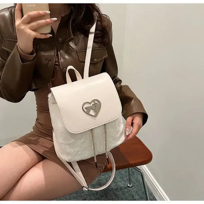 eybag Korean 2024 New Retro Fashion Drawstring Backpack for Women Versatile Premium Spliced PU Plush Mini Women Handbag Traveling Bag