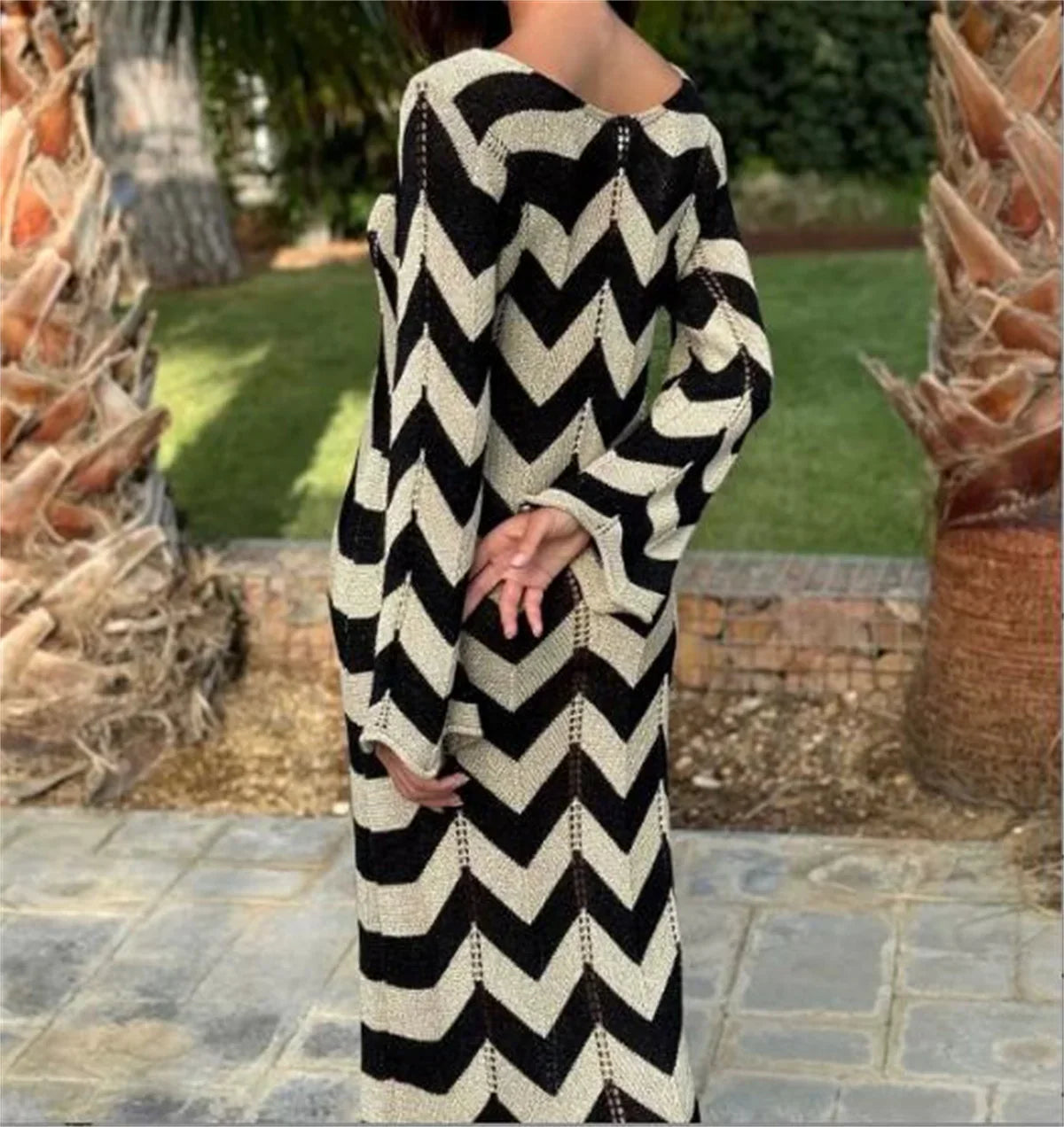 eybag Women Striped Lace-up Dress Matching Color Round Neck Long Sleeve Slim Dresses Elegant Casual Beach Vacation New Autumn Robes