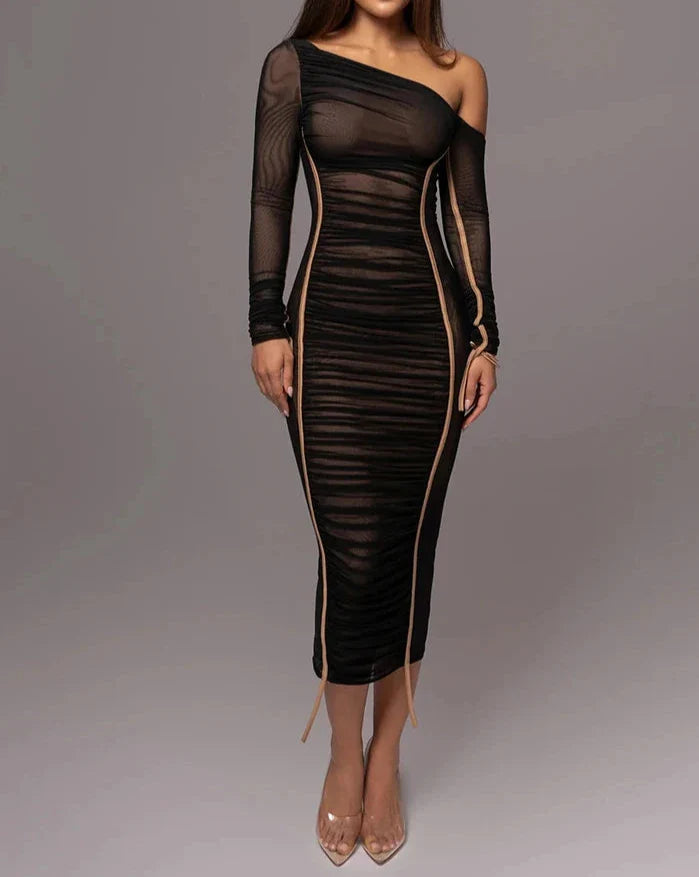 eybag Diagonal Collar Long Sleeve Midi Dress For Women Two Layer Mesh Backless Ruched Bodycon Club Party Sexy Long Dress