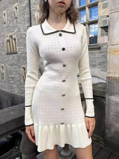 eybag Autumn Long Sleeve Knit Dress For Women Fashion Lapel Single-btrasted Button High Waist Ruffled Mini Dress Knitwear