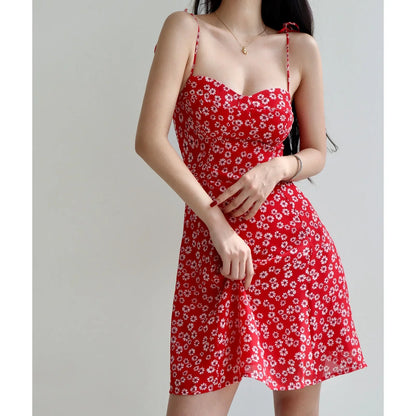 eybag French Vintage Women's Red Bottom Daisy Pattern Slimming Tank Dress Waist-fitted Vacation Style Sleeveless Dress