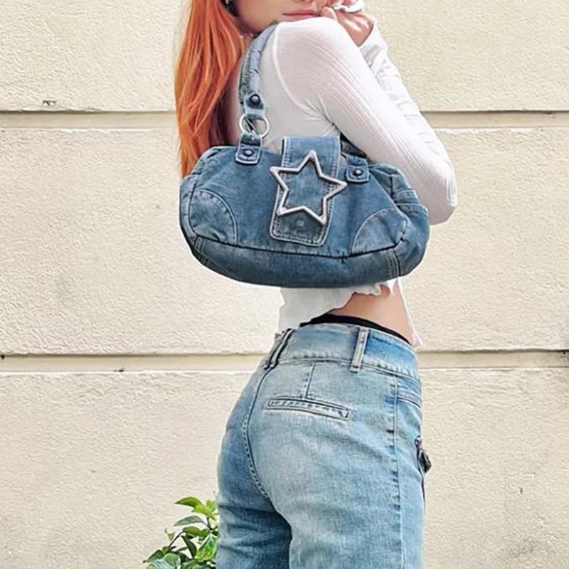 eybag Korean Fashion Vintage Metal Star Aesthetic Denim Women Underarm Shoulder Bag New Y2k Streetwear Ladies Purses and Handbags