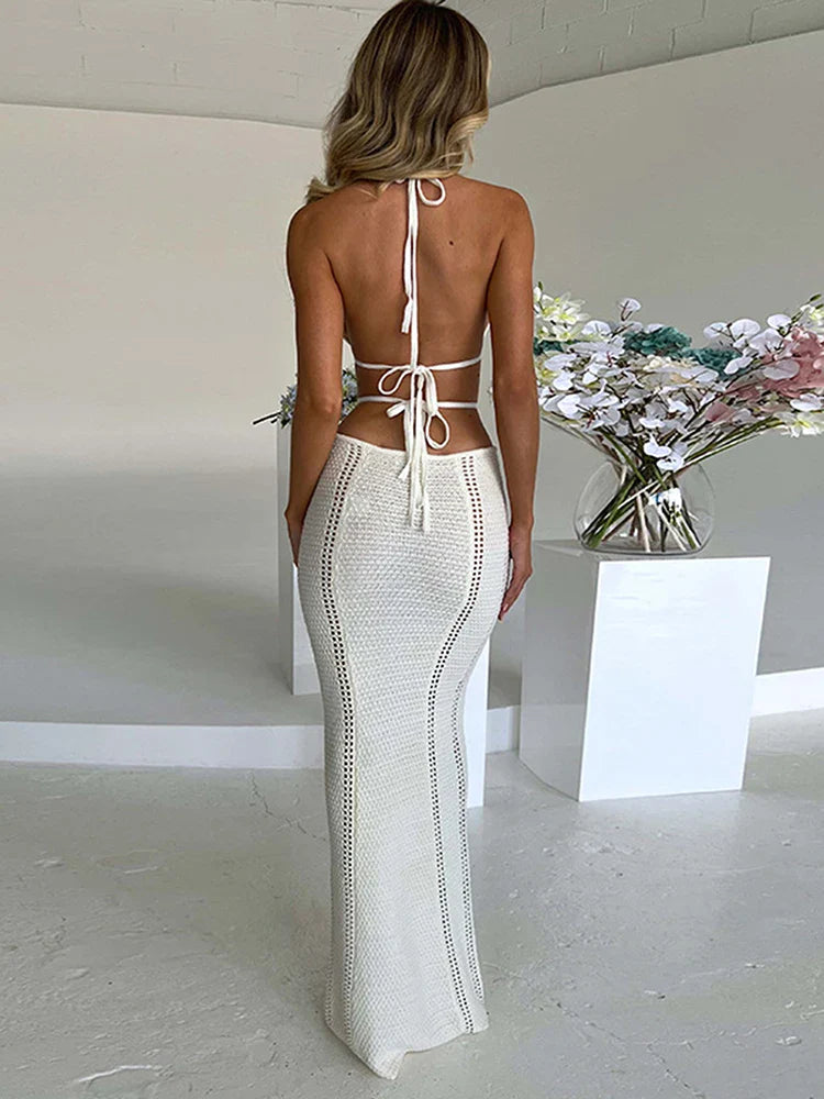 eybag Knitted Lace Up Halter Midi Dress Women Bodycon Sexy Streetwear Party Club Outfits Beach Crochet Long Dress Fall Winter