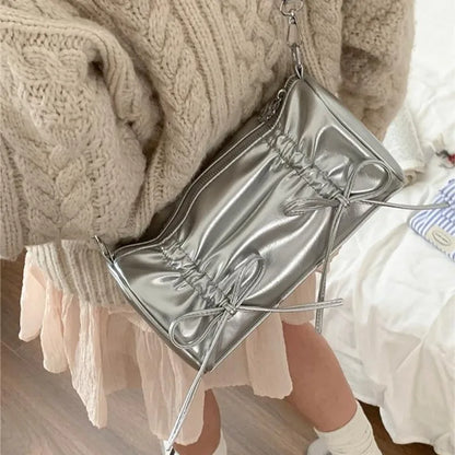 eybag Pleated Pink Women Shoulder Bag Bow Pillow Leather Sweet Elegant Fashion Handbag Gentle Casual Exquisite Ladies Armpit Bag