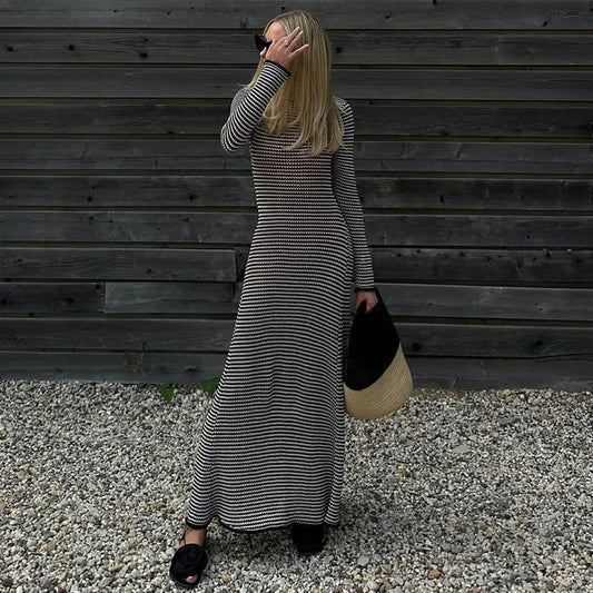 eybag Vintage Fashion Black and White Striped Maxi Dress Elegant Long Sleeve Tie Back Dresses Beachwear Holiday Autumn Sexy Dress