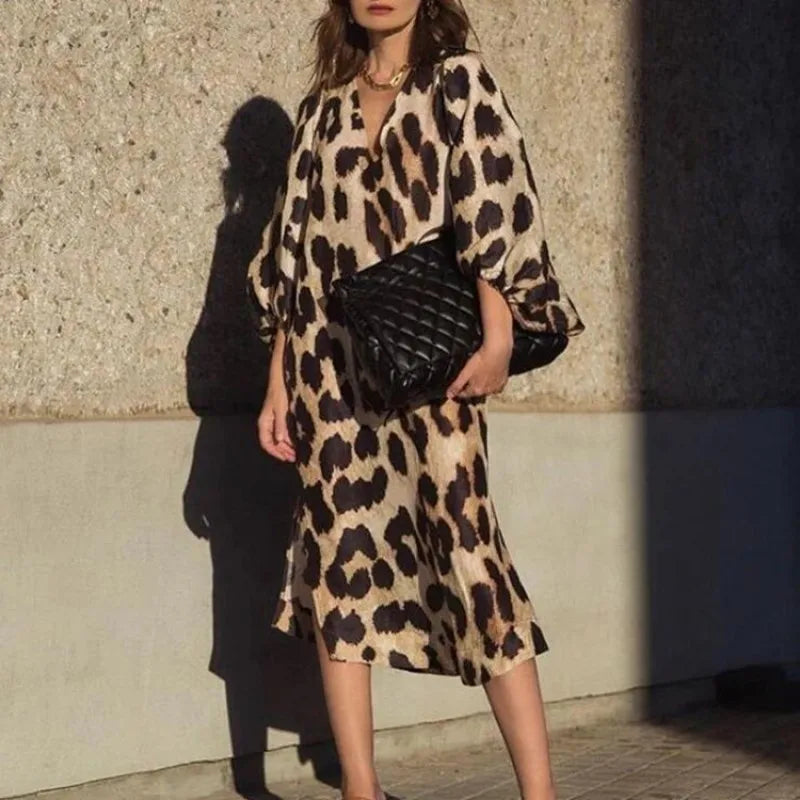 eybag Summer Long Leopard Print Midi Dress Women V Neck Lantern Sleeve Casual Elegant Party Loose Dresses Vintage Streetwear 2024