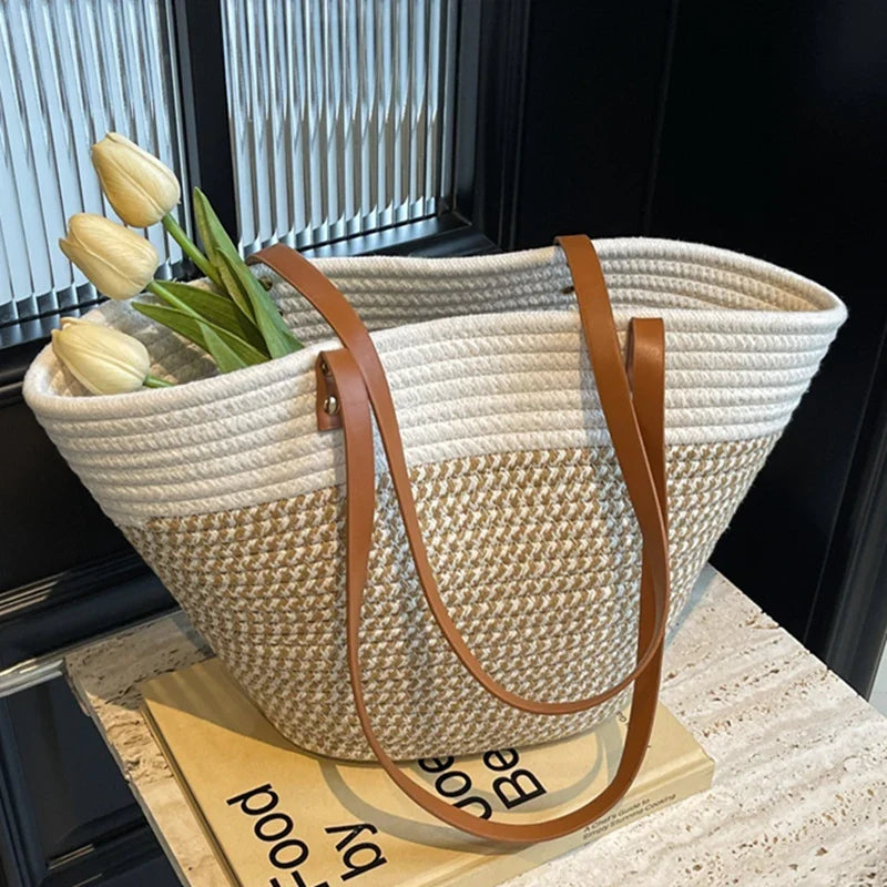 eybag 2024 New Summer Women Woven Beach Bag Large Capacity Cotton thread Handmade Fashion Shoulder Bag Bohemian Casual Woven Basket