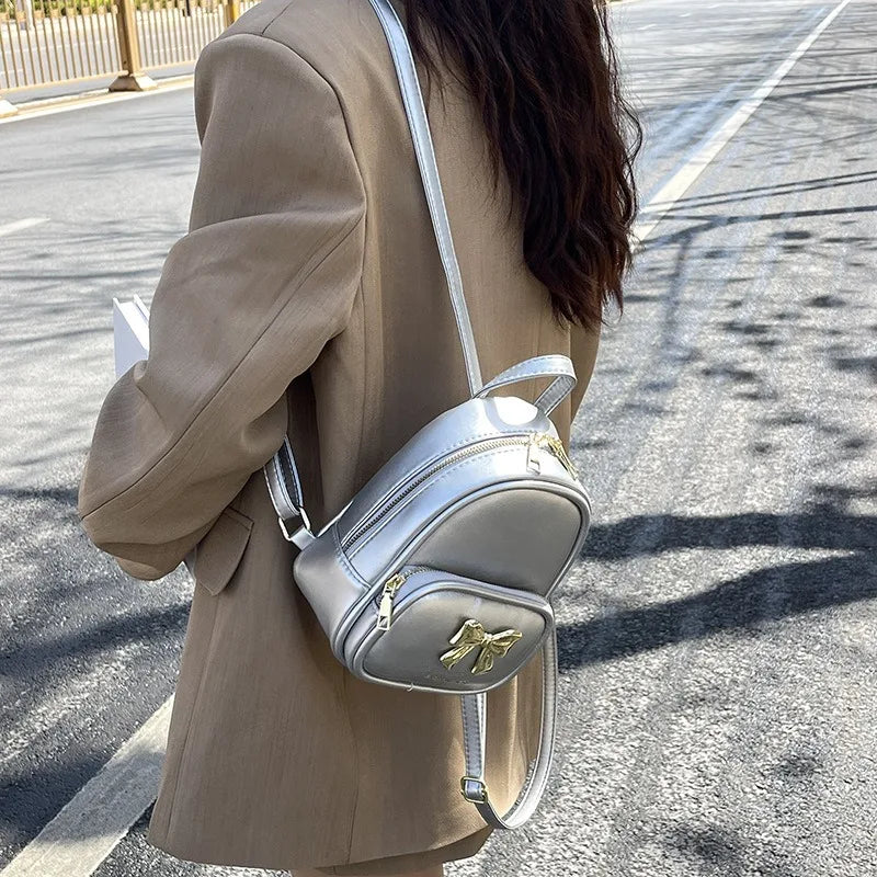 eybag Silver Leather Womens Backpack Summer Elegant Bow Casual Small Backpack Youth Female Fashion Aesthetic Korean Popular Bag