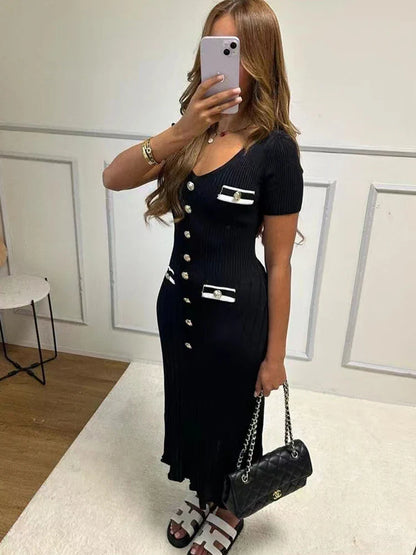 eybag Elegant Knitted Long Dress Women Summer V Neck Single Breatsed Short Sleelve Bodycon Dresses Fashion Party Office Lady Vestidos