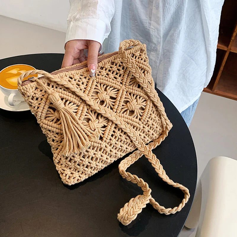 eybag Women Summer Straw Messenger Bag Hollow Out Woven Fashion Shoulder Bag Beach Tassel Designer Crossbody Travel Bag  26.99