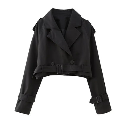 eybag Women Fashion Belt Cropped Coat Long Sleeve Turn Down Collar Short Jacket Vintage Chic Double Breasted Trench Coats Lady Outfit