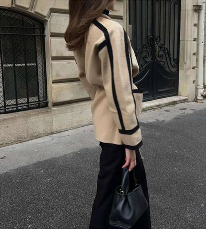 eybag Women Fashion Spliced Contrast Coats Long Sleeve Belt Pocket Decorate 2024 Autumn Winter New In Jacket  Lady Mid-length Outwear