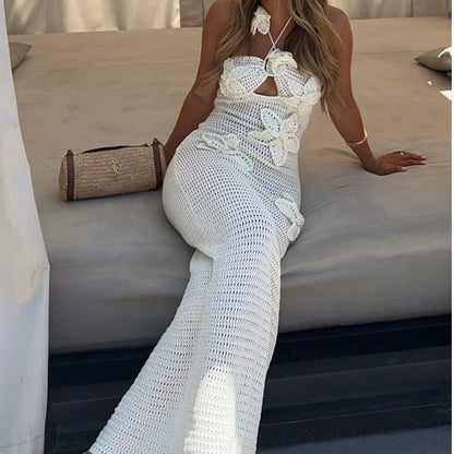 eybag Summer Crochet Knit Maxi Dress Halter Neck Embellished Flower Embroidery 3D One-Piece Event Dress 2024 Woman Beach Wear Outfit