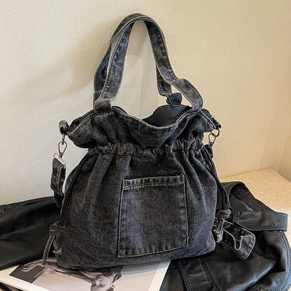 eybag Fashion Denim Women Bucket Shoulder Bag High Capacity Female Crossbody Bags Ruffled Denim Under Arm Bag for Women