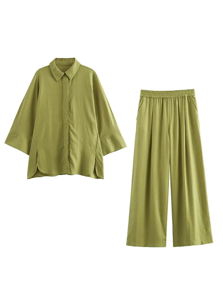 eybag Women Green Linen Shirt Long Pants Set Fashion Lapel Half Sleeve Blouse Wide Leg Pant Two Pieces Sets Summer Office Lady Suit