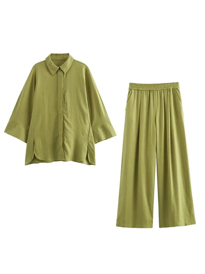 eybag Women Green Linen Shirt Long Pants Set Fashion Lapel Half Sleeve Blouse Wide Leg Pant Two Pieces Sets Summer Office Lady Suit