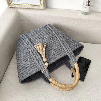 eybag Women Handbag New Ins Simple Fashion Versatile Cotton Rope Woven Bag Straw Woven Bag Holiday Beach Bag Bags