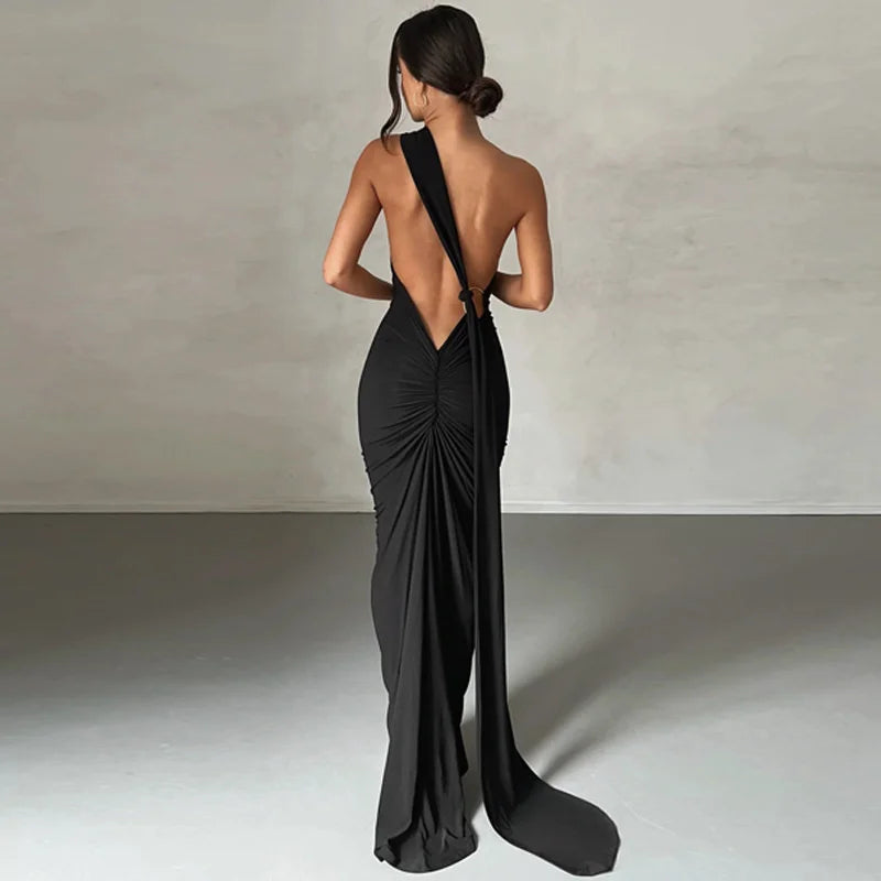 eybag Oblique Shoulder Backless Maxi Dress For Women Gown Summer Back Strap Sleeveless Ruched Party Sexy Long Dress Vestidos