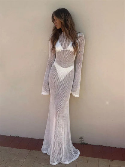 eybag Summer Ladies Vacation Hollow Out Robe Women Chic Solid Knitted Maxi Dress Fashion Sexy Long Sleeve Beach Cover Up Dresses