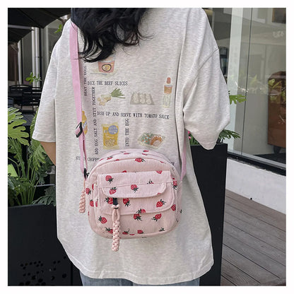 eybag Women Corduroy Crossbody Bag Strawberry Print Multi Layer Shoulder Bag Versatile Phone Purse Small Square Bag Travel Coin Purses