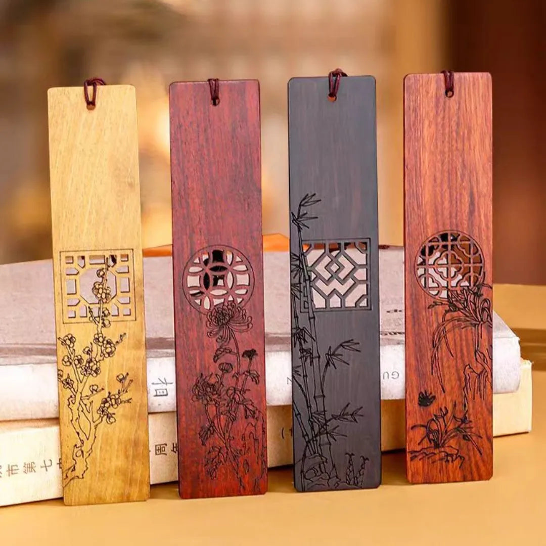 eybag Simple Carving Wooden Bookmarks Chinese Style Plum Orchid Bamboo Pattern Book Mark Reading Tools Vintage Stationery Supplies