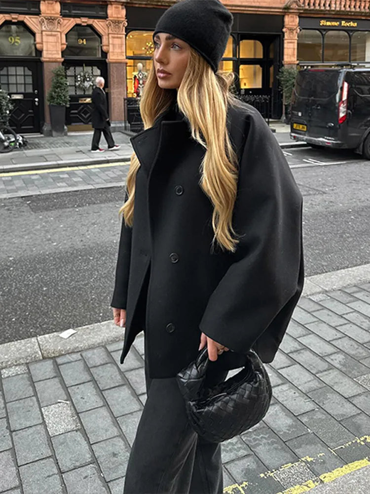 eybag Retro Double-Breasted Lapel Short Coat Women Casual Loose Black Woolen Coats With Pockets Lady Winter Chic Street Overcoats