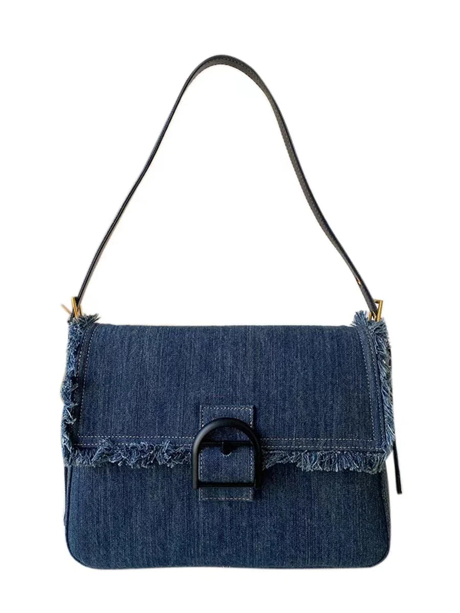 Lkblock Denim women Axillary bags Casual cowboy female Shoulder Bag Large capacity Elegant Tassels ladies handbag blue bolsa feminina