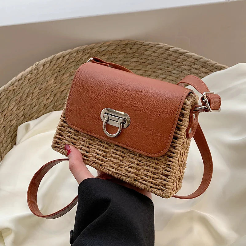 eybag Summer Straw Bag For Women Woven Handmade Handbag   pearl Lady Tote Small square bag Vacation Beach Bag shoulder crossbody bag